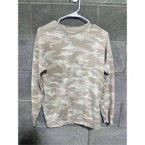 Athleta Camo Pullover Small Cream Tan Sweatshirt Crew Neck Long Sleeve